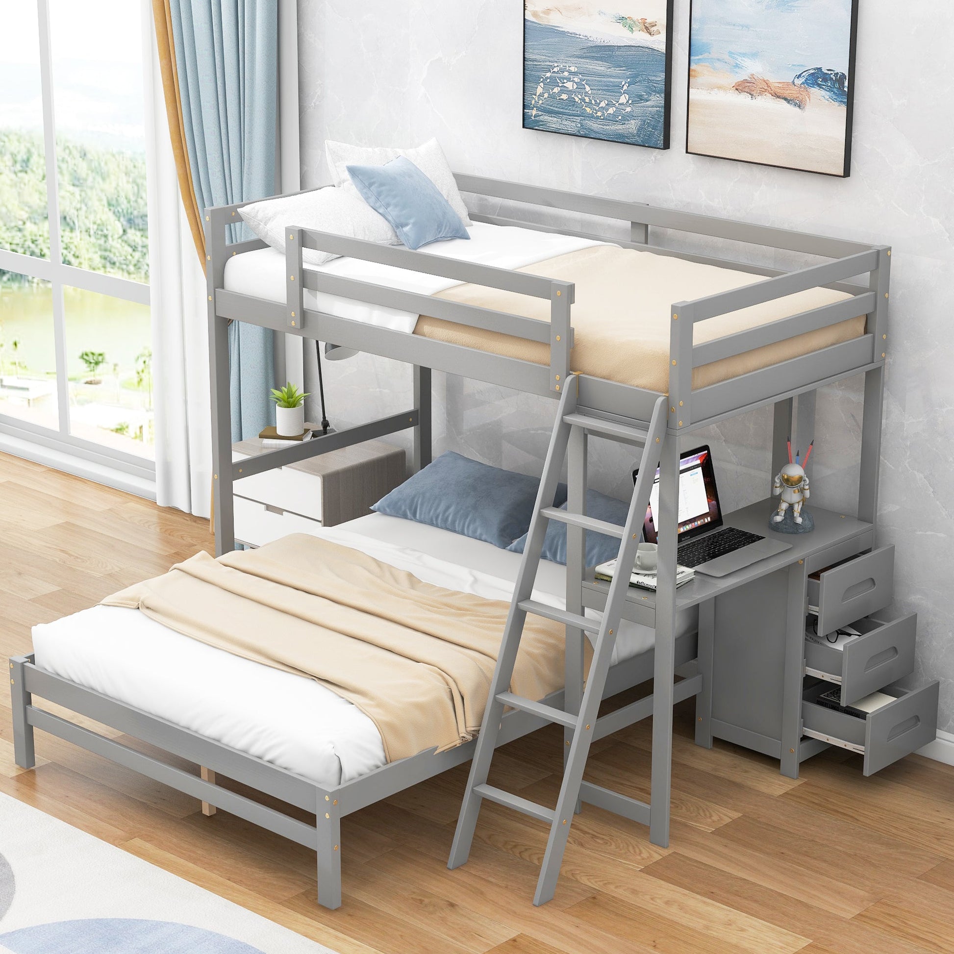 Twin over Full Bunk Bed with Built-in Desk and Three Drawers Grey - Korvel