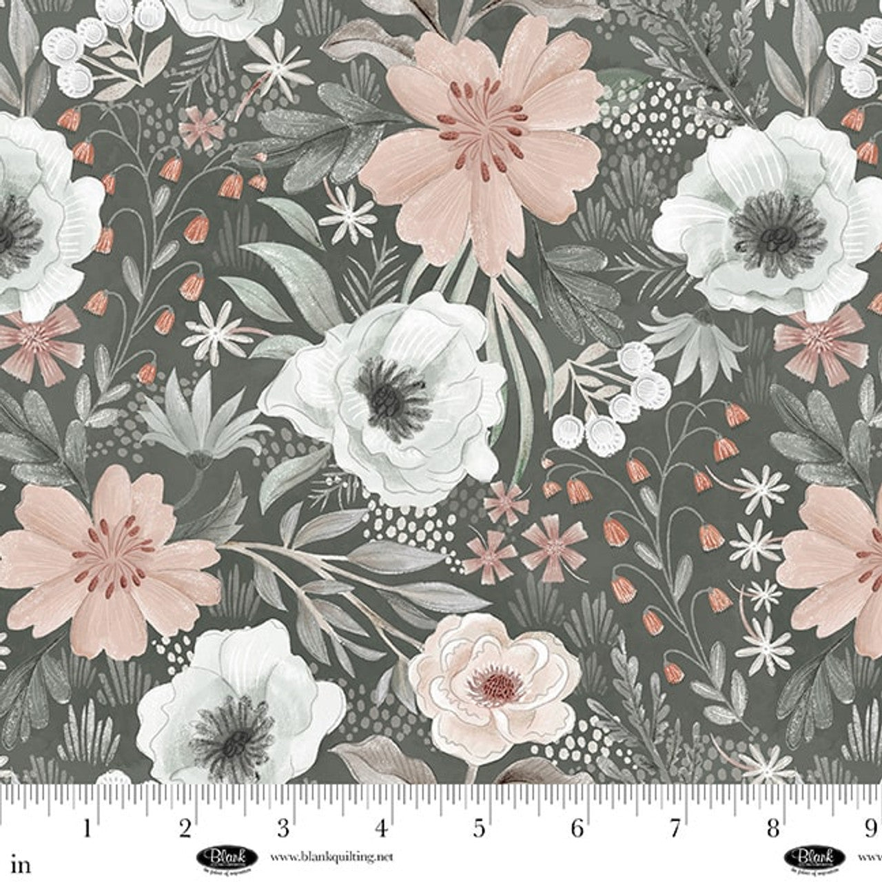 Gray Large Flowers Petals & Pewter Cotton Fabric 44"/45" Per Yard