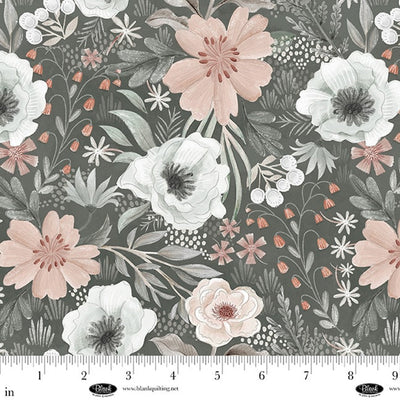 Gray Large Flowers Petals & Pewter Cotton Fabric 44"/45" Per Yard