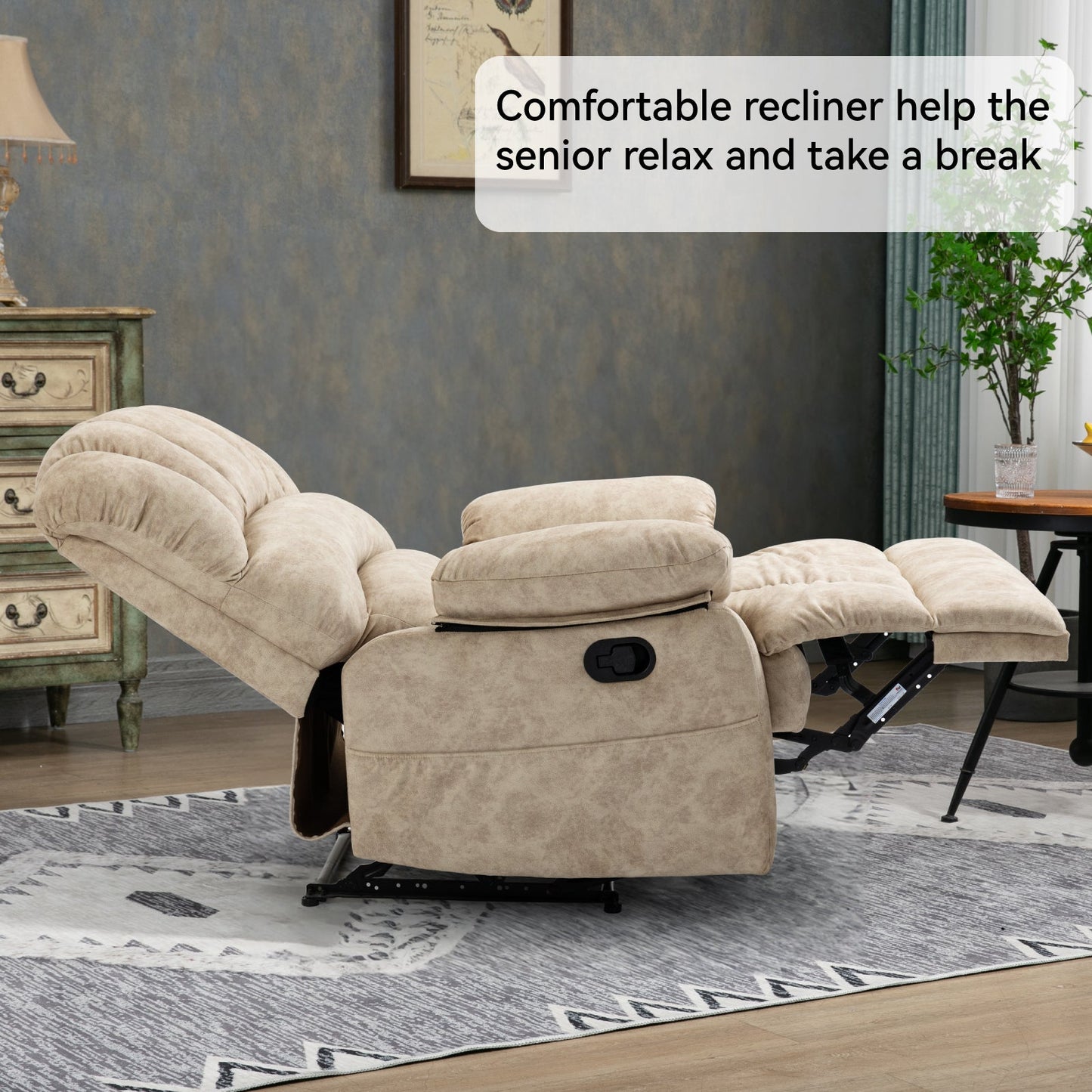 Large Manual Recliner Chair in Beige Fabric
