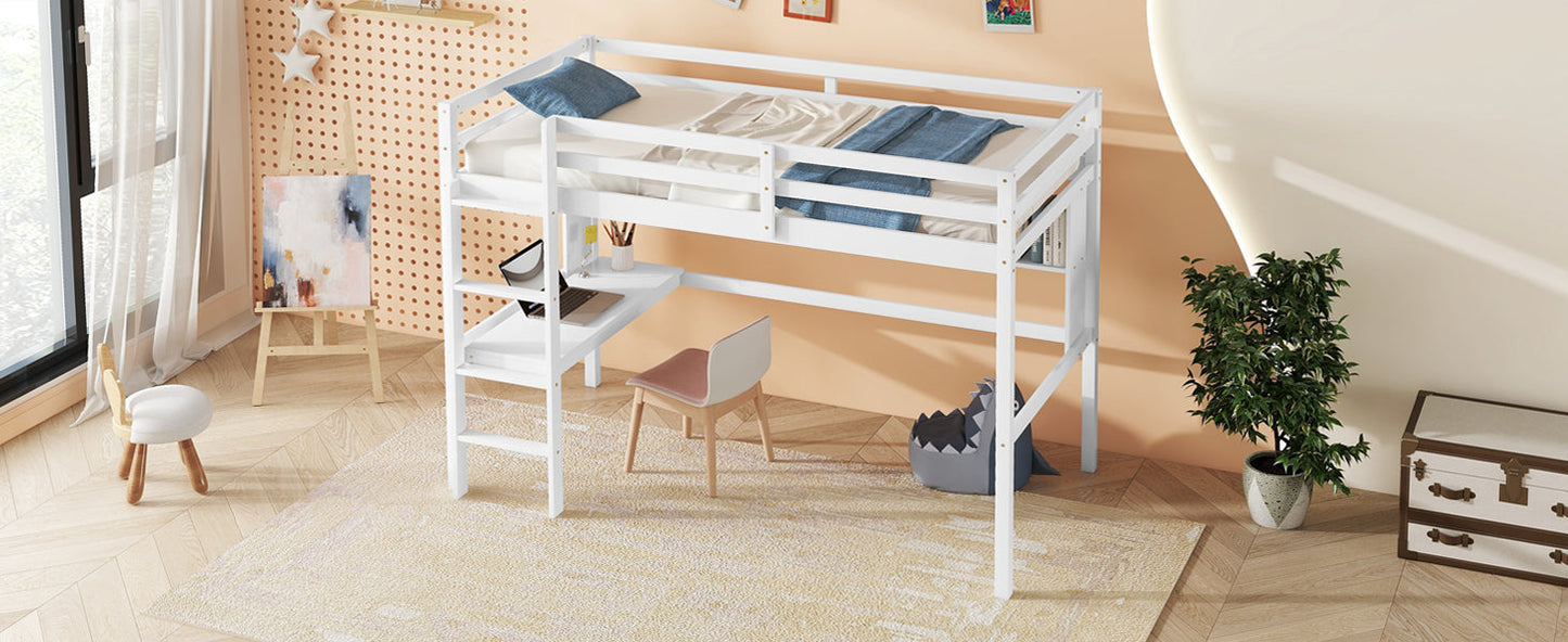 Twin Loft Bed with built-in desk and bookcase of three compartments, Guardrails and Ladder,White - Korvel