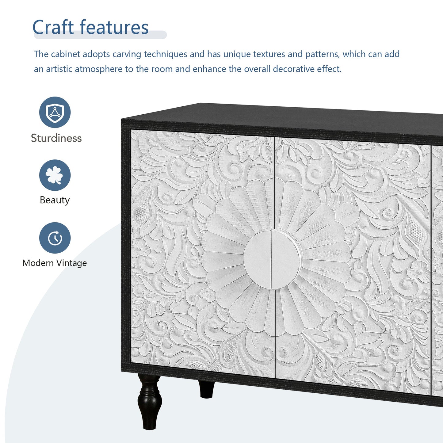 Vintage White Large Faceted Carved Sideboard with Black Frames