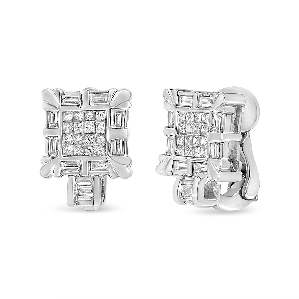 Pendientes de aro huggie en oro blanco de 14K con diamantes enmarcados en cuadrado