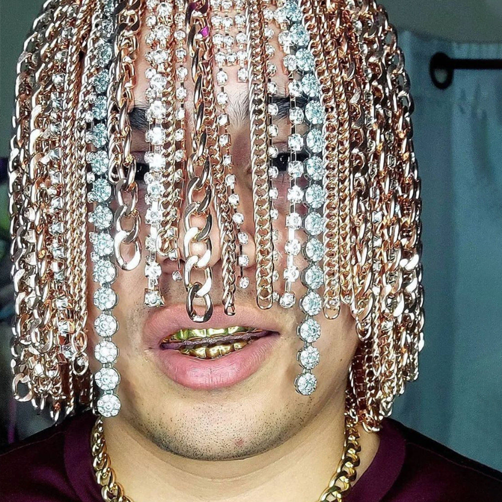 European and American style tassel hair chain punk style metal chain rhinestone hair accessory exaggerated headband hair chain - Korvel