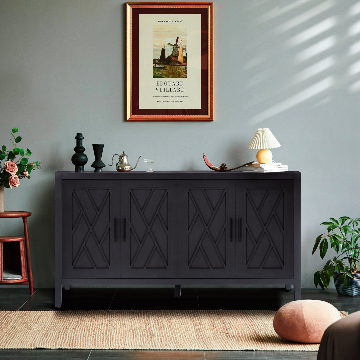4 Door Wooden Twill Sideboard - Vintage Black & Dark Walnut