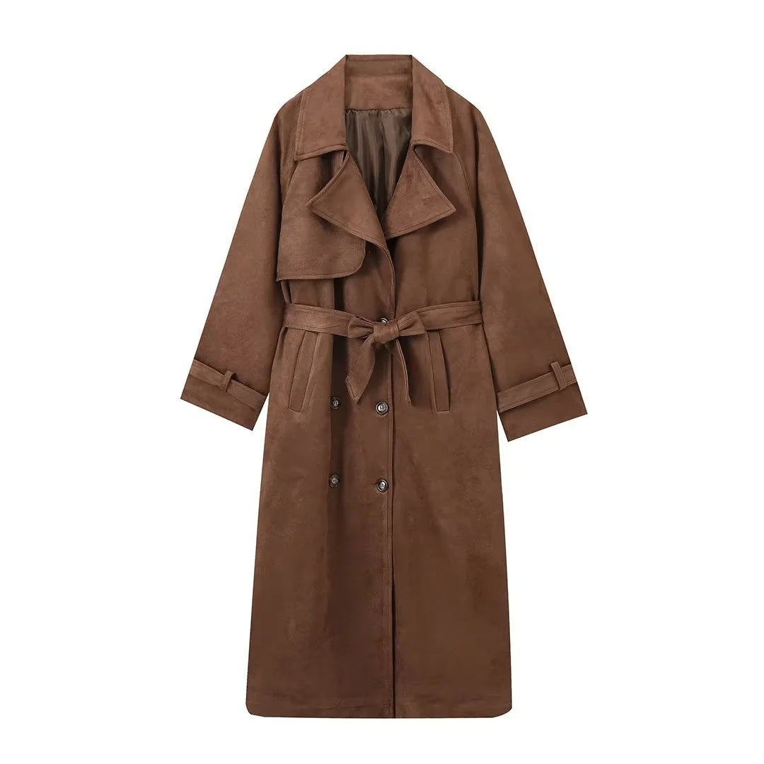 Manteau long en suède vintage à double boutonnage avec ceinture