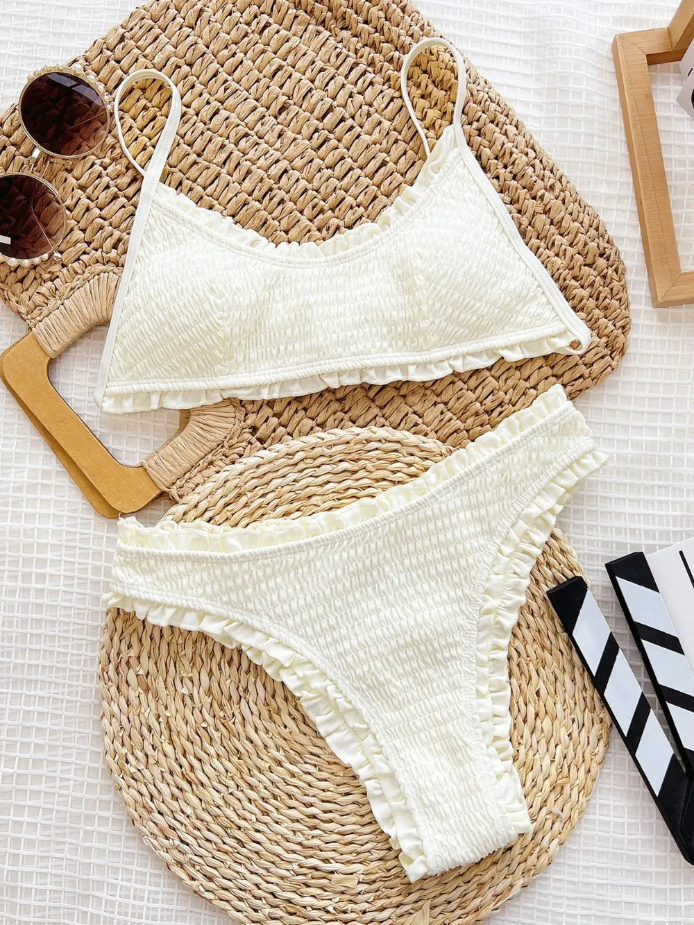 Frill Textured Spaghetti Strap Two-Piece Swim Set - Korvel