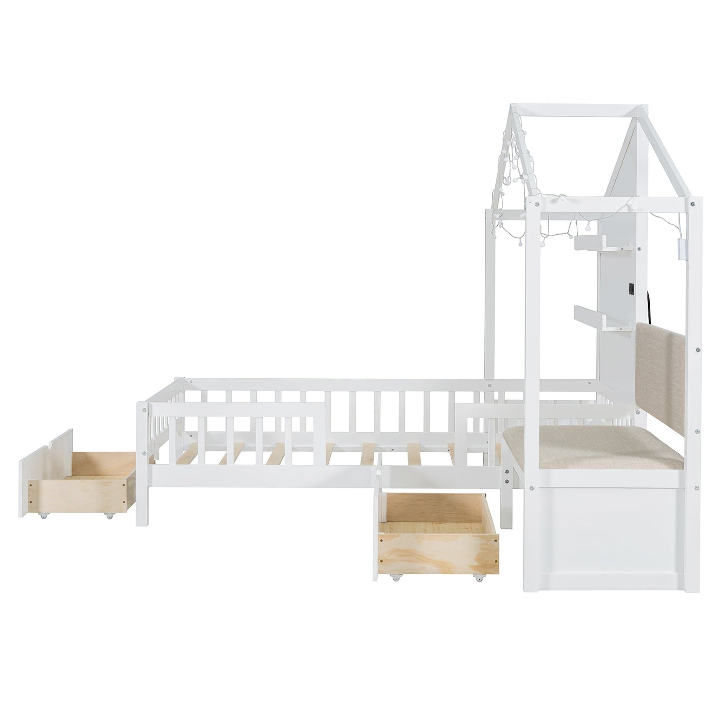 Twin Size House Bed with Upholstered Sofa and Charging Station