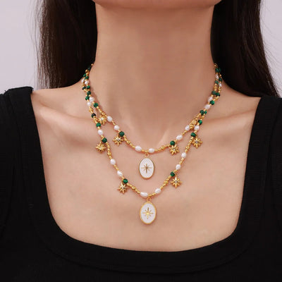Collar de Pendiente Ovalado de Perla de Agua Dulce de Acero de Titanio