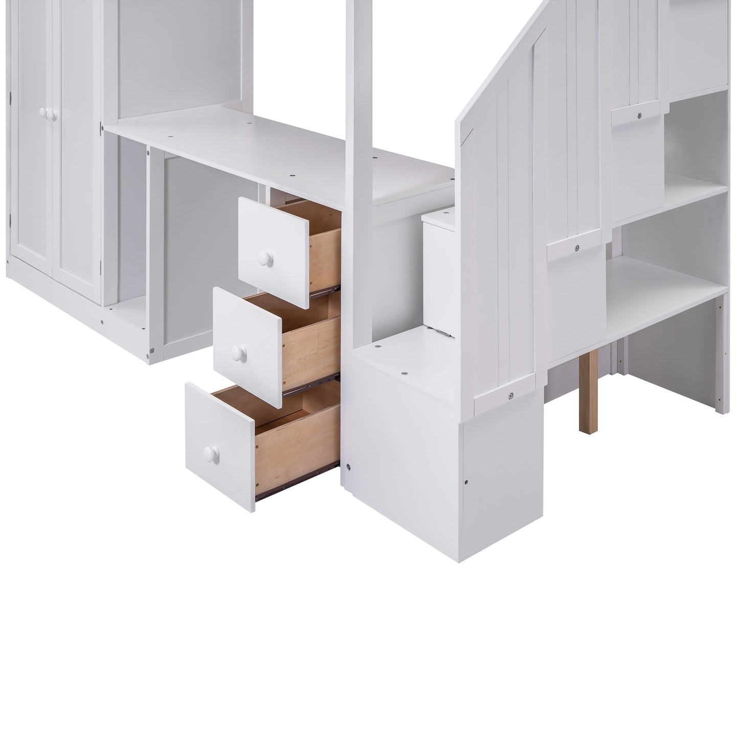 Elegant Twin Size Loft Bed with Wardrobe and Desk in White