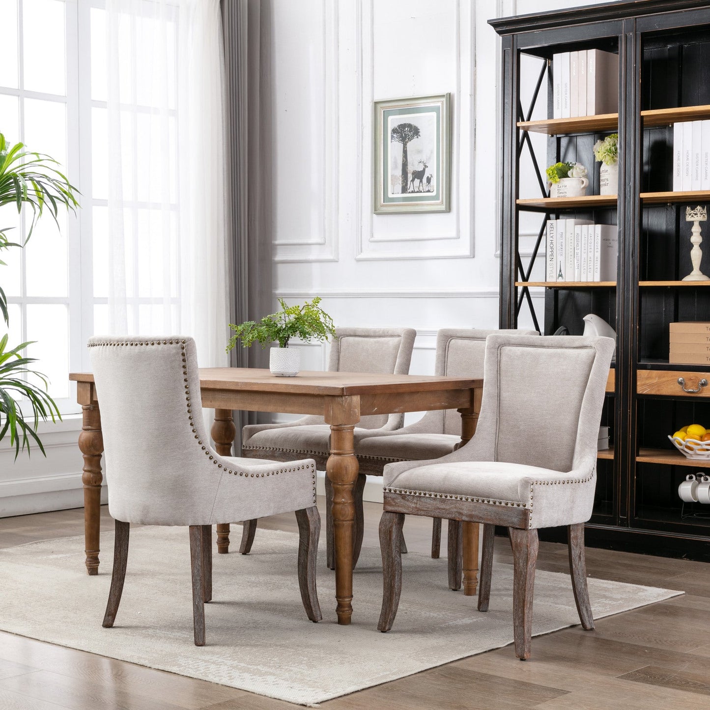 Ultra Side Dining Chair Thickened fabric chairs with neutrally toned solid wood legs  Bronze nail head Set of 2 Beige - Korvel