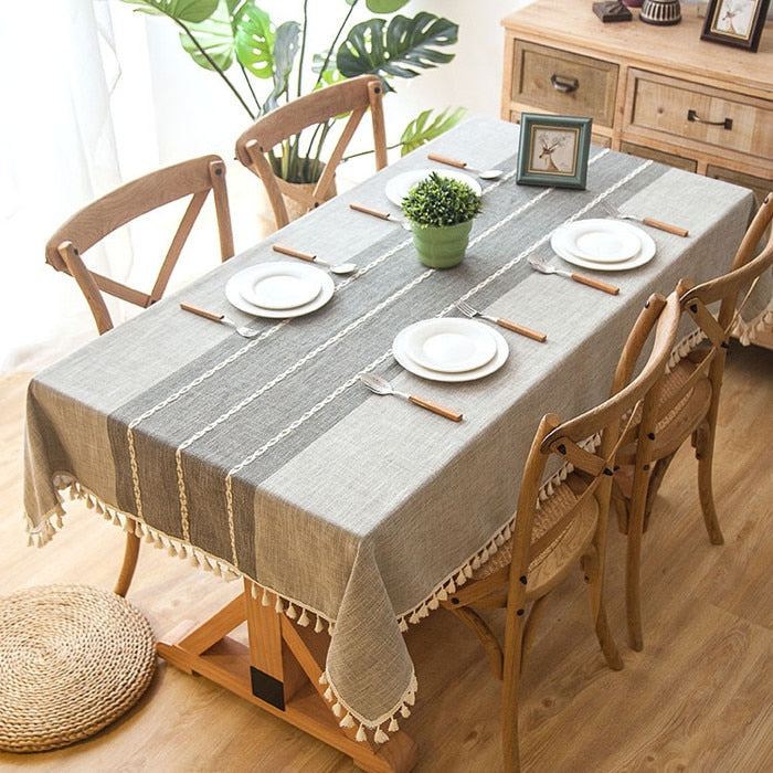90x90 cm Plaid Decorative Linen Tablecloth with Tassels
