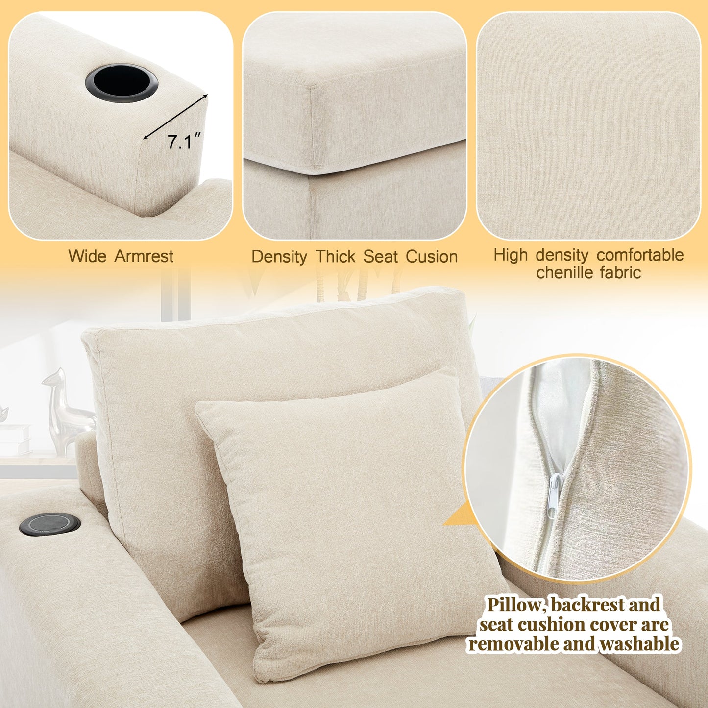 39.7" Oversized Chaise Lounger Modern Style Sofa Couch ,with Pillows, Charge Station & Cup Holders, Chenille Fabric, Cream - Korvel
