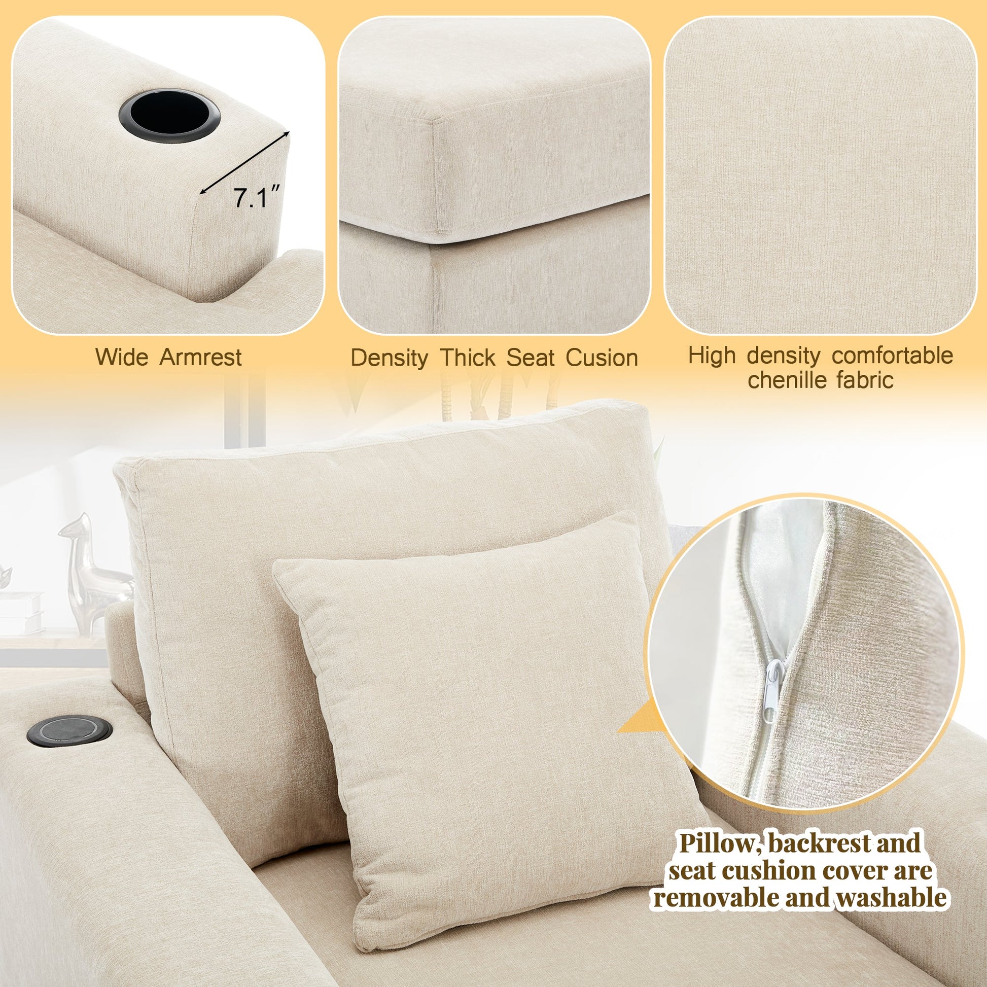 39.7" Oversized Chaise Lounger Modern Style Sofa Couch ,with Pillows, Charge Station & Cup Holders, Chenille Fabric, Cream - Korvel