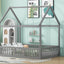 Full Size Wood House Bed with Fence and Door, Gray - Korvel