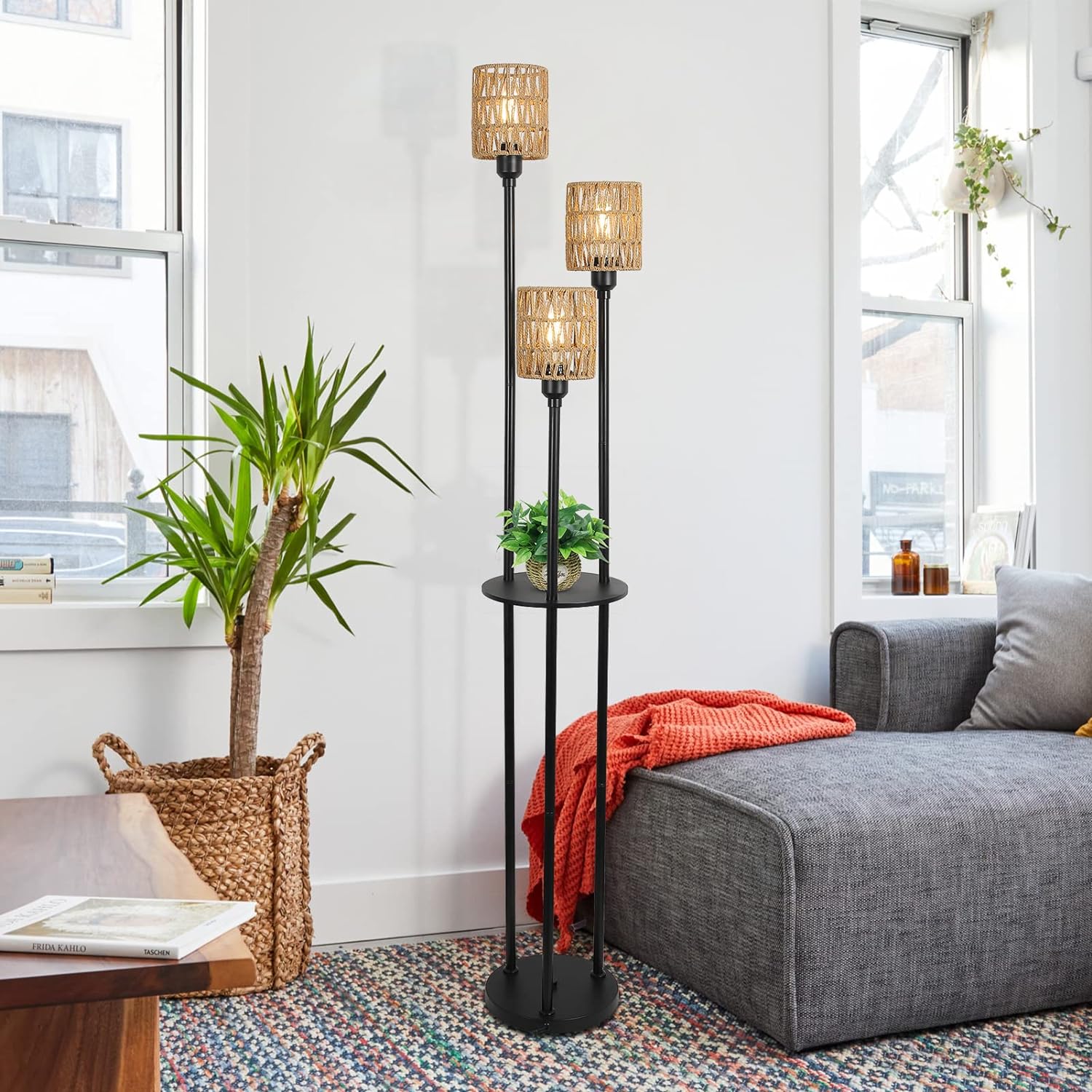 Boho Floor Lamp with Shelves 3-Lights Farmhouse Tall Floor Lamp with ON/OFF Foot Switch Rustic Standing Lamp with Rattan Shades - Korvel