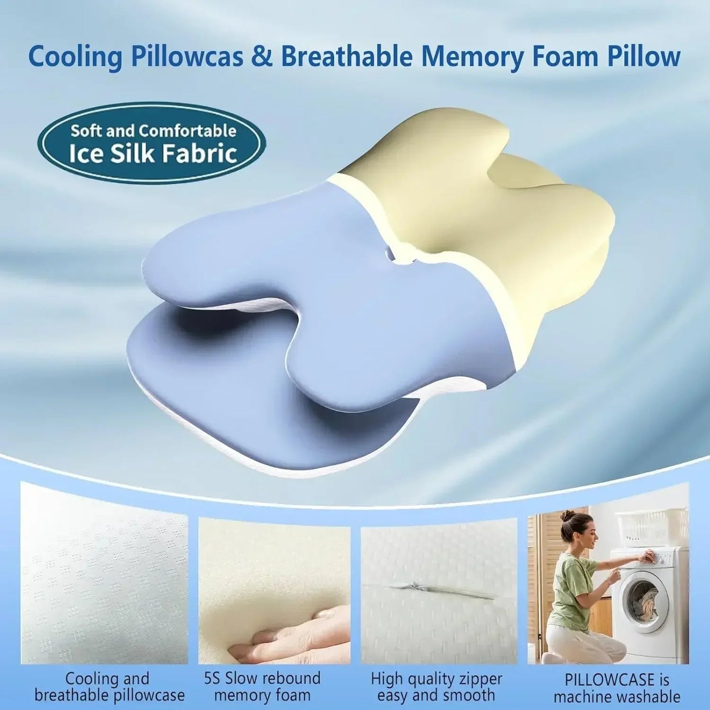 Ice Silk Pillowcase Ergonomic Cervical Pillow Memory Foam Pillow Neck Pain Relief Comes Adjustable Home for Back Side Sleepers - Korvel