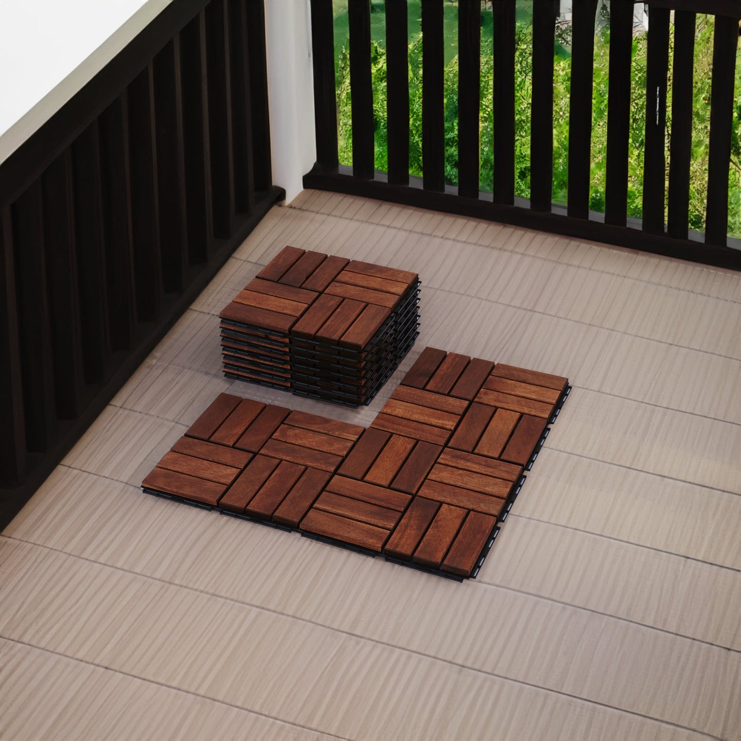 Acacia interlocking deck tile grid pattern, 10 pieces of 12 inch x 12 inch square brown Acacia hardwood outdoor flooring - Korvel