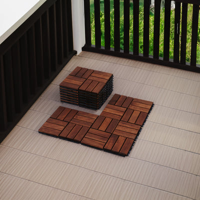 Acacia interlocking deck tile grid pattern, 10 pieces of 12 inch x 12 inch square brown Acacia hardwood outdoor flooring - Korvel