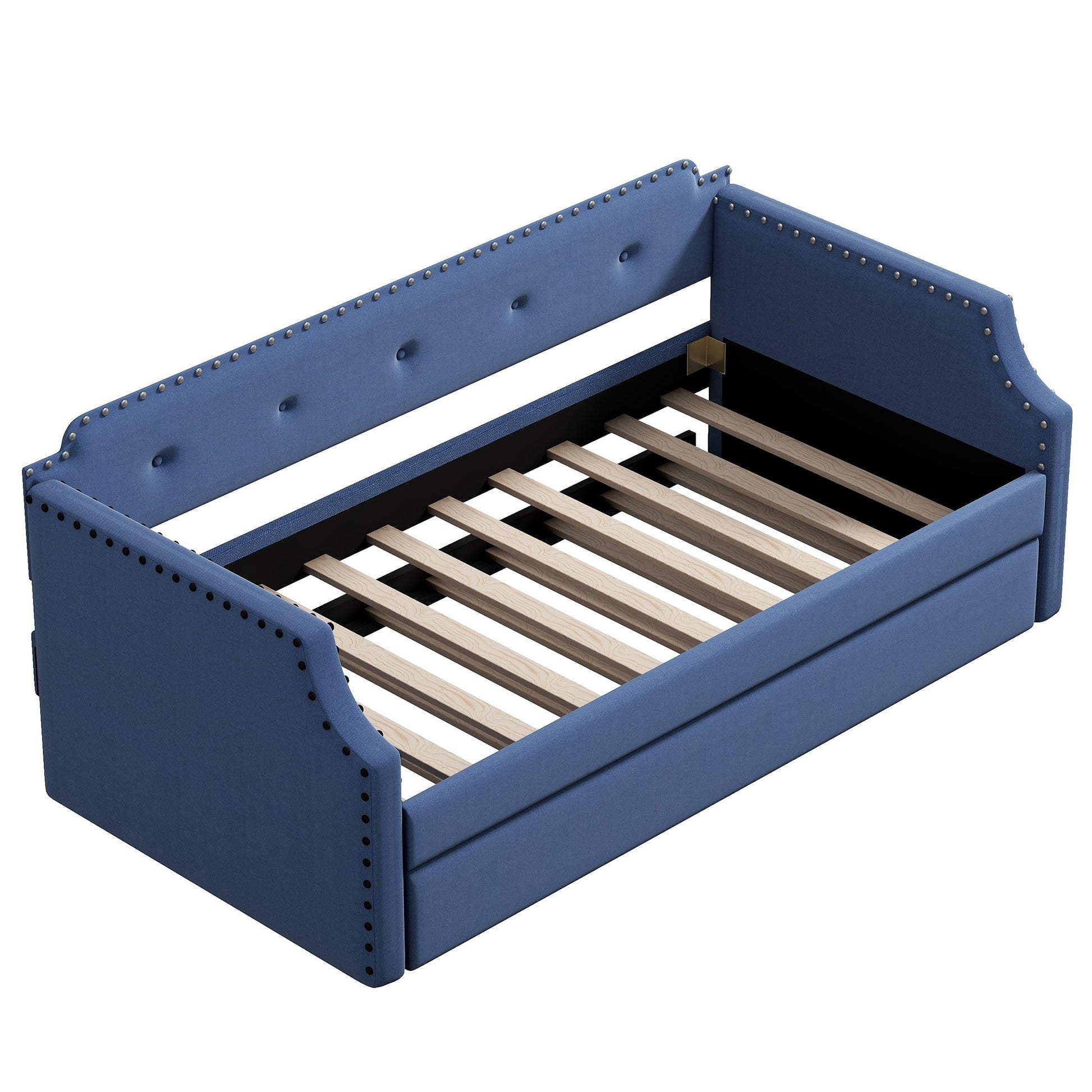 Upholstered Daybed with Trundle, Wood Slat Support,Upholstered Frame Sofa Bed Twin Blue - Korvel
