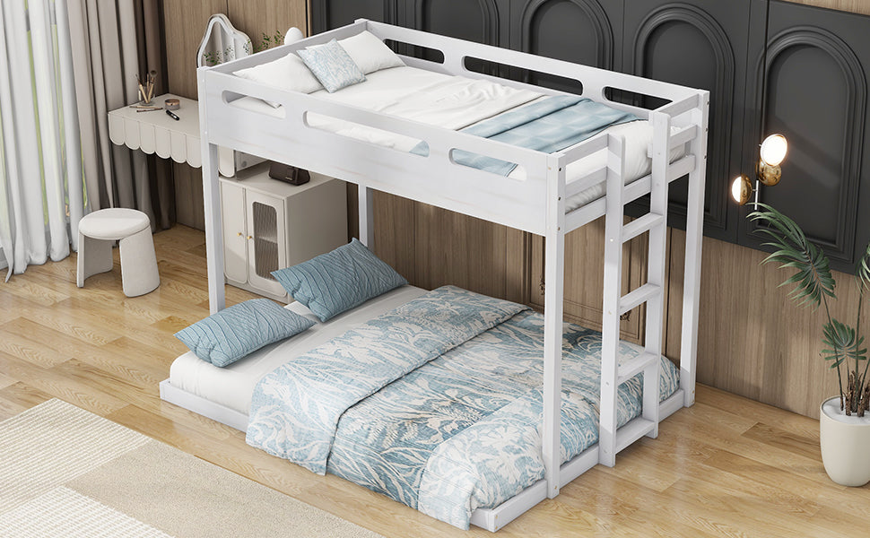 Twin over Full Bunk Bed with Built-in Ladder,White - Korvel