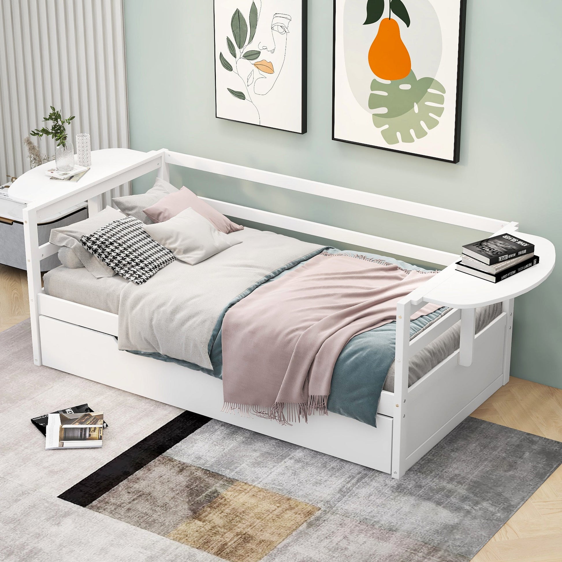 win Size Daybed with Trundle and Foldable Shelves on Both Sides White - Korvel