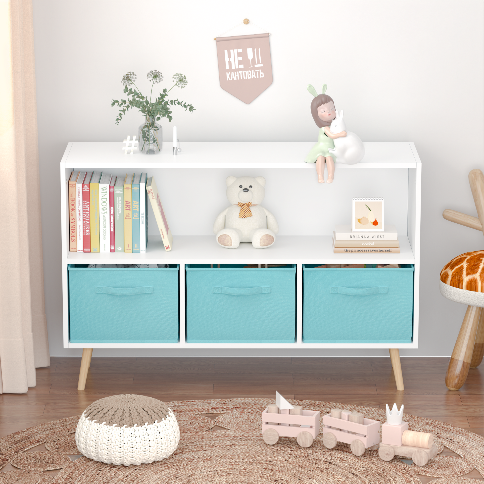 Kids bookcase with Collapsible Fabric Drawers Children's Book Display Toy Storage Cabinet Organizer White/Blue - Korvel