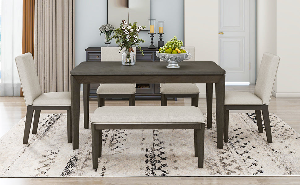 TOPMAX 6-Piece Dining Table Set with Upholstered Dining Chairs and Bench Farmhouse Style Tapered Legs Dark Gray+Beige - Korvel