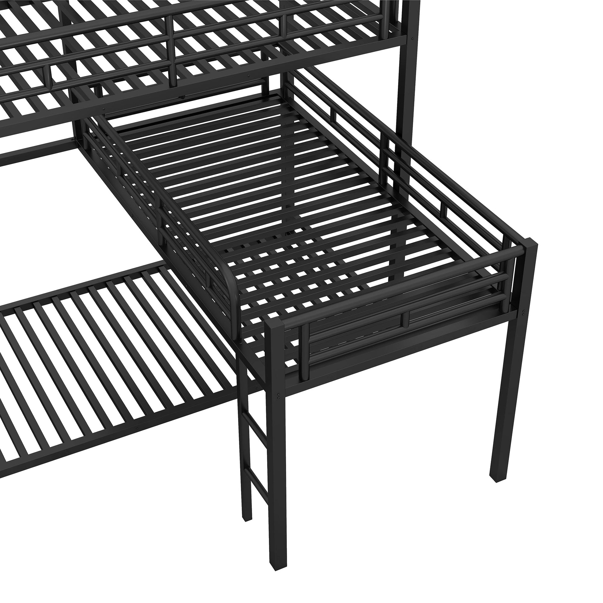 L-shaped Metal Triple Twin Size Bunk Bed, Black - Korvel