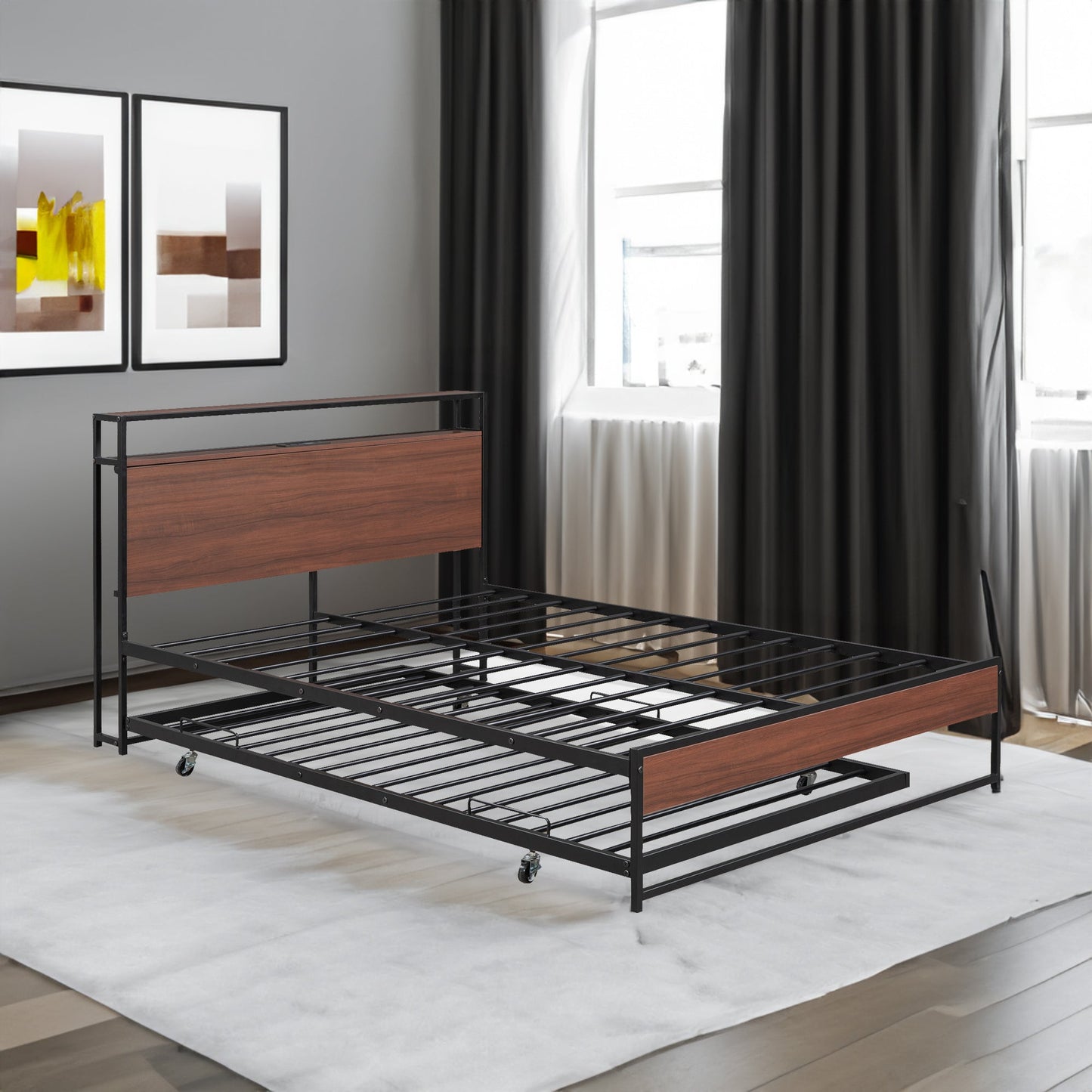 Cama de Plataforma de Metal Tamaño Queen con Trundle y Puertos USB - Negro