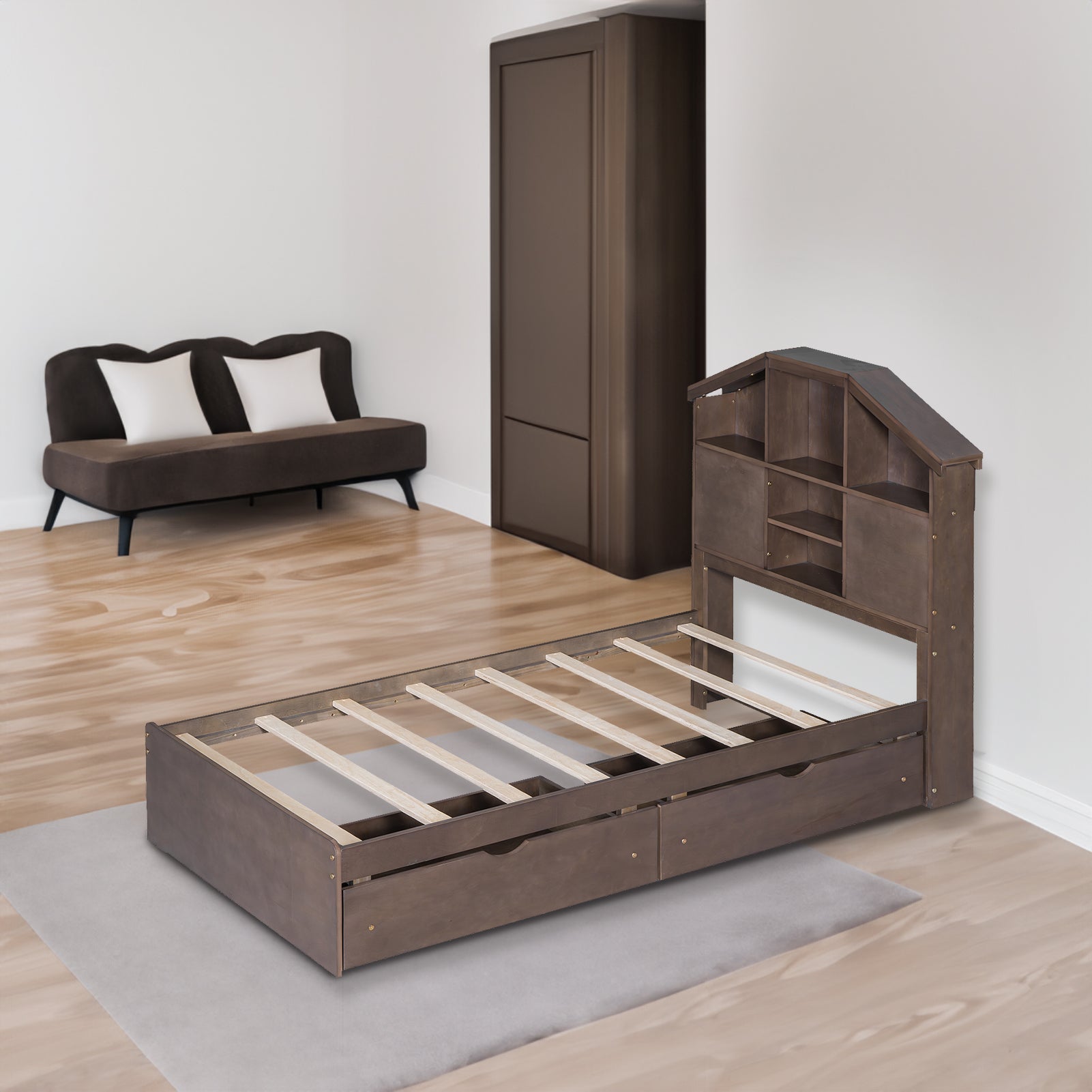 Twin Size Wood Platform Bed with House-shaped Storage Headboard and 2 Drawers Walnut - Korvel