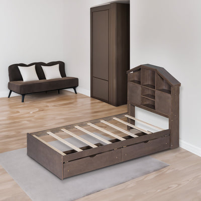 Twin Size Wood Platform Bed with House-shaped Storage Headboard and 2 Drawers Walnut - Korvel