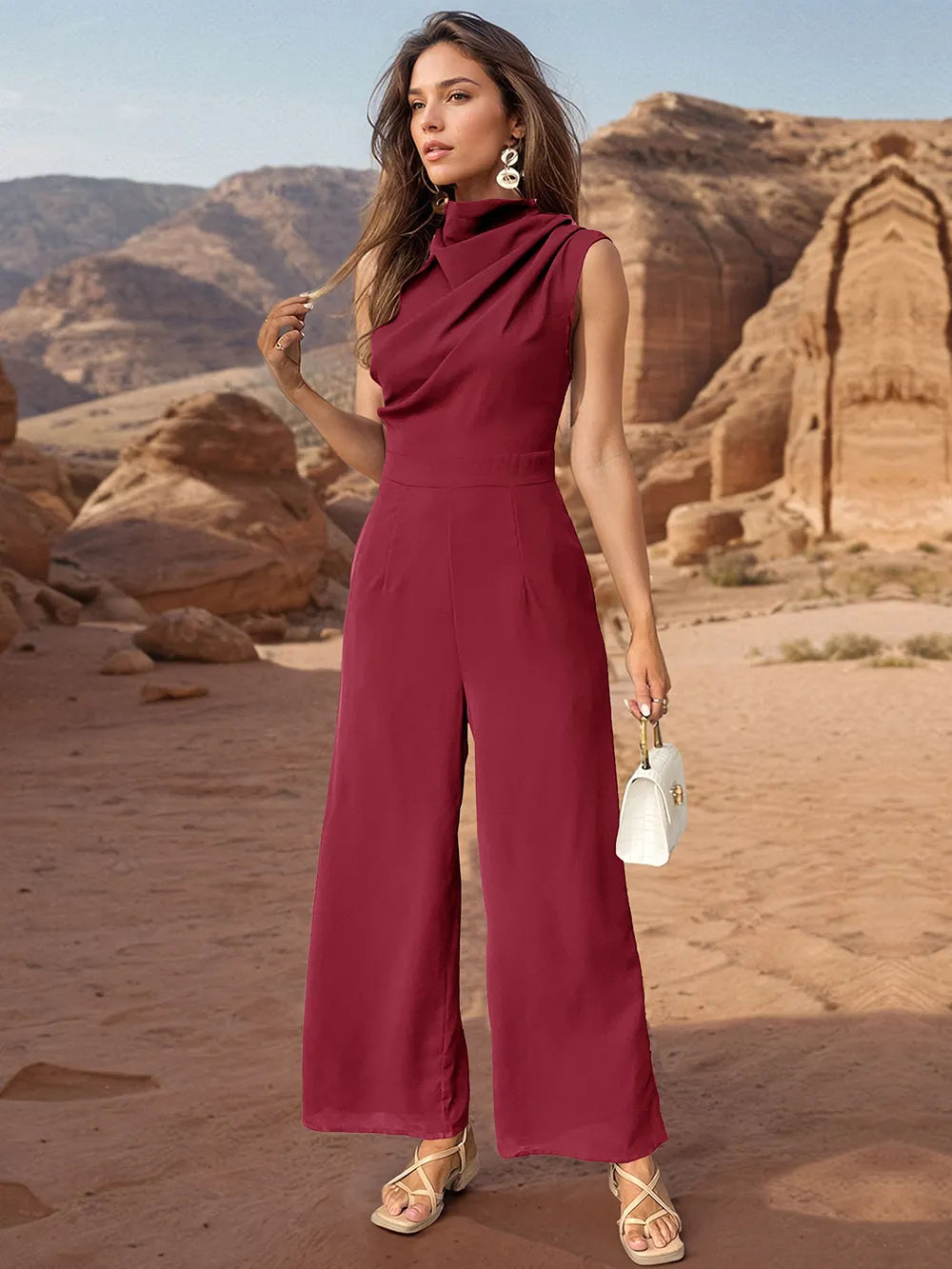 Ruched Mock Neck Sleeveless Jumpsuit - Korvel