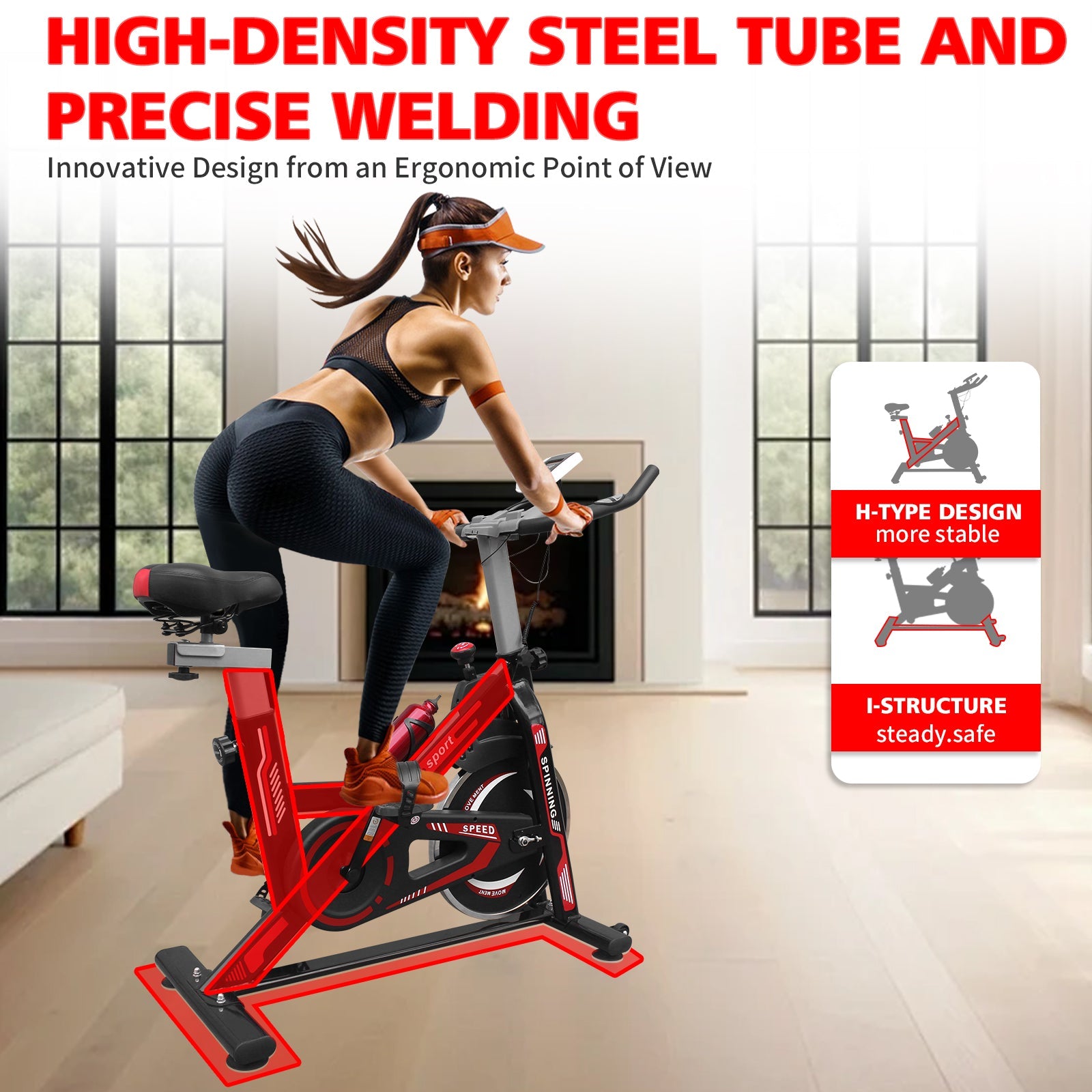 Indoor Exercise Bike Cycling Bike with Comfortable Seat Cushion Black+Red - Korvel