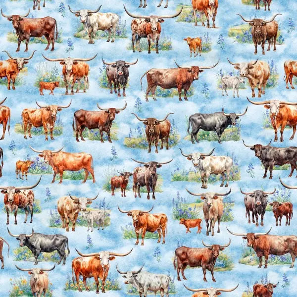 ATXSH Blue Longhorn Cattle Cotton Fabric - 44"/45" Per Yard