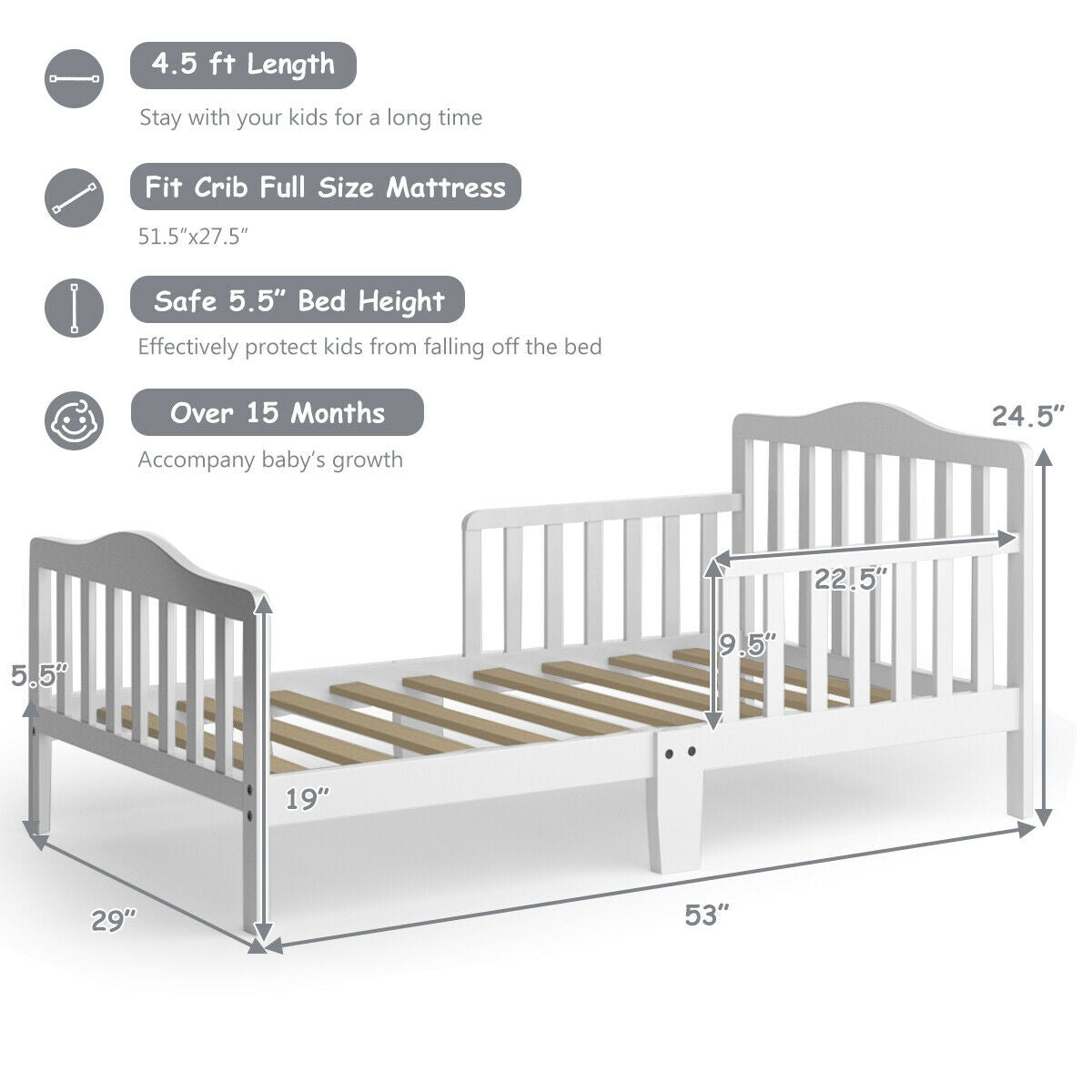 Classic Wood Toddler Bed Frame with Safety Guardrails - White