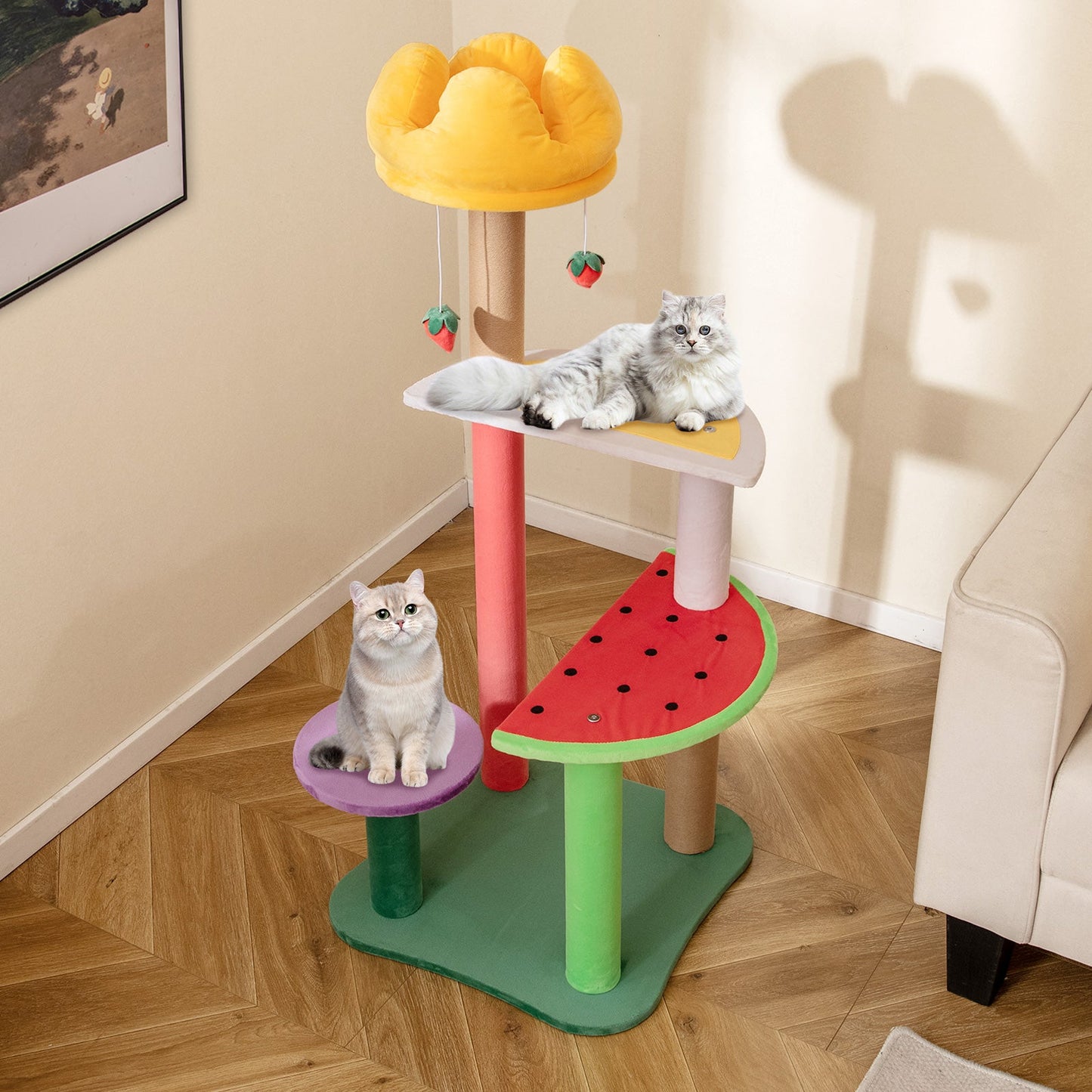 45-Inch Multi-Level Cat Tree with Plush Perch & Fruit Platforms