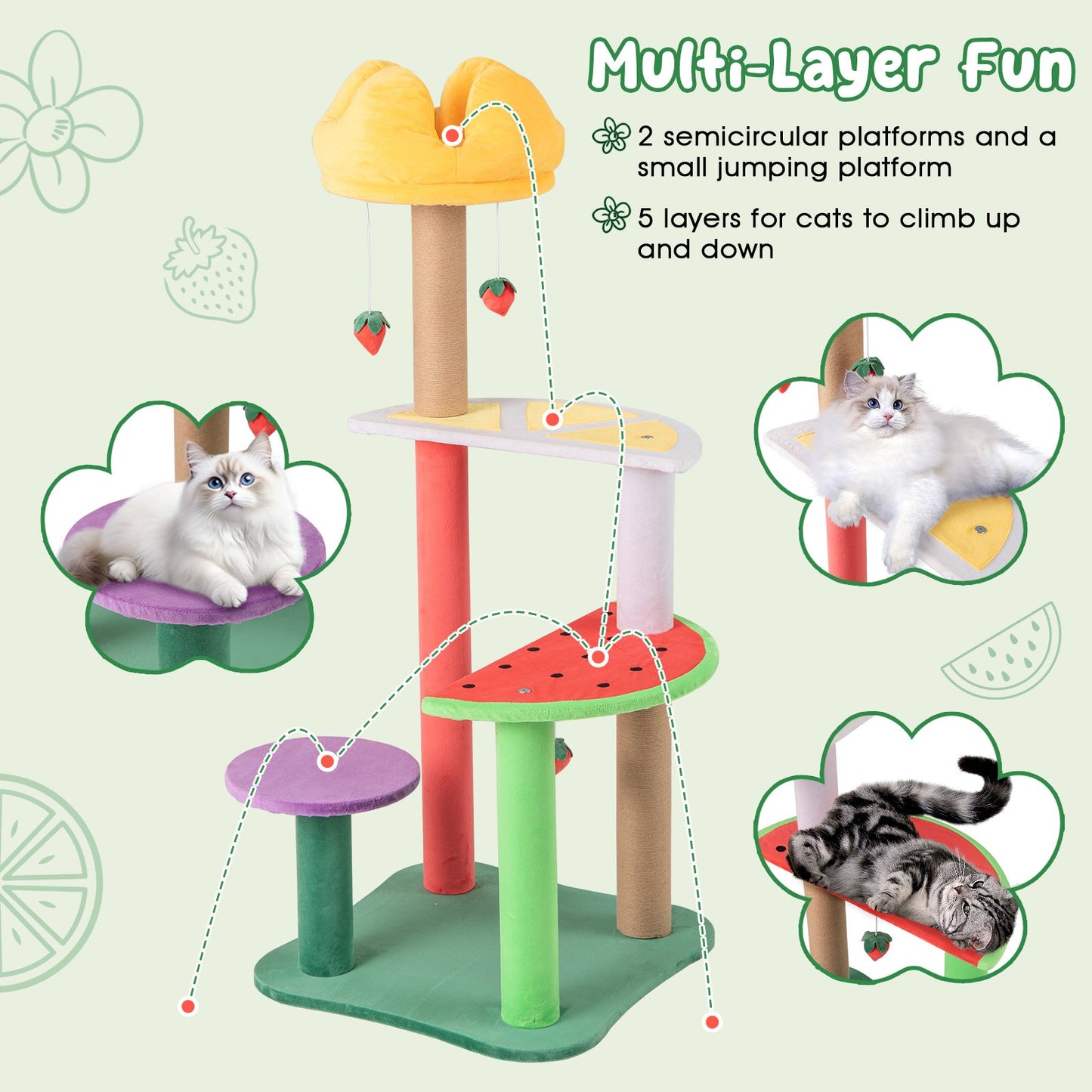 45-Inch Multi-Level Cat Tree with Plush Perch & Fruit Platforms