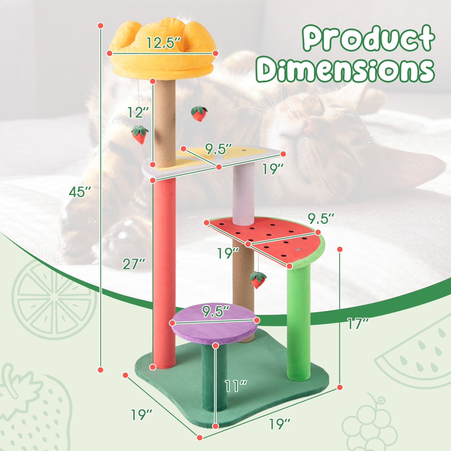 45-Inch Multi-Level Cat Tree with Plush Perch & Fruit Platforms