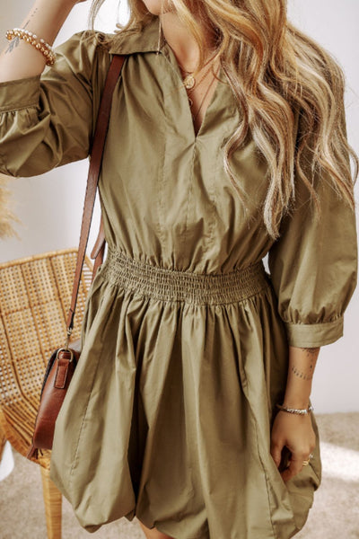Elegant Green Sleeve Mini Dress with Timeless Smocked Design