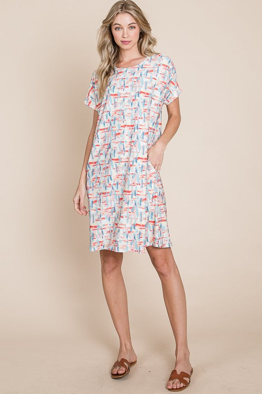 Vestido Casual de Manga Corta con Cuello Redondo Impreso