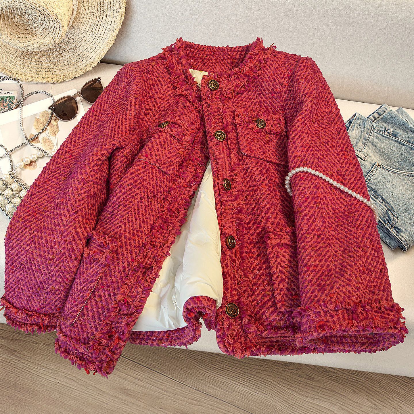 Womens Round-Neck Short Merino Wool Down Jacket