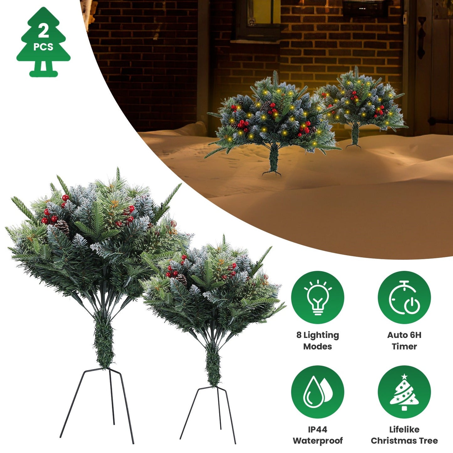 2Pcs Lighted Christmas Tree Urn Filler with Pine Cones & Berries