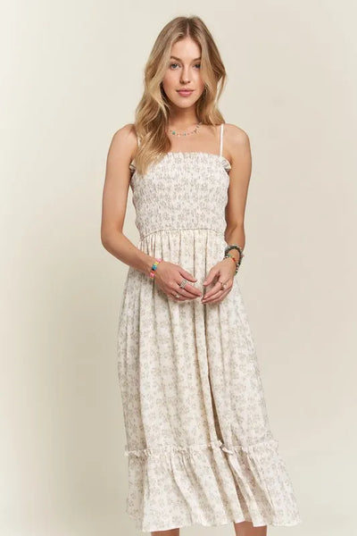 Boho-Inspired Smocked Floral Ruffled Hem Cami Dress
