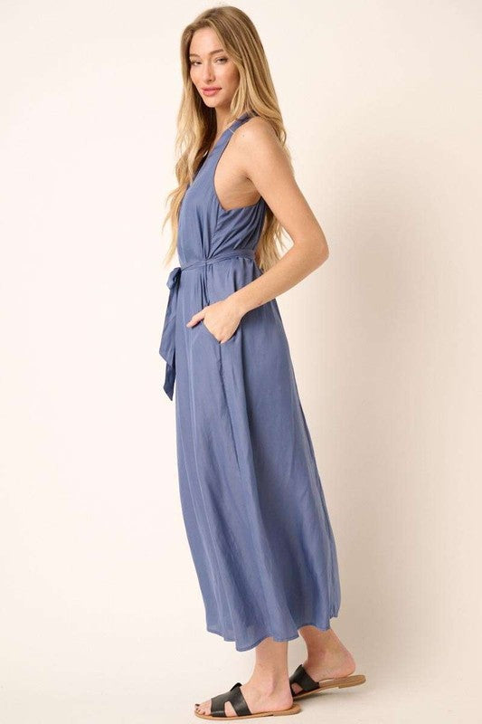 Robe maxi chic à dos croisé et ceinture pour femmes