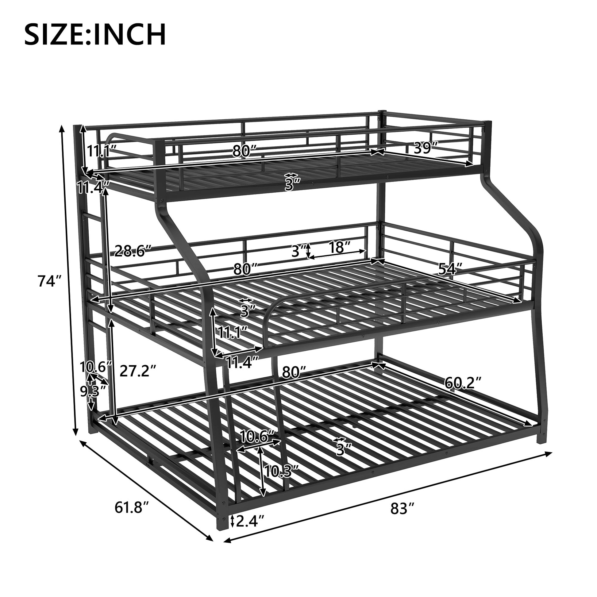 Twin XL/Full XL/Queen Triple Bunk Bed with Long and Short Ladder and Full-Length Guardrails Black - Korvel