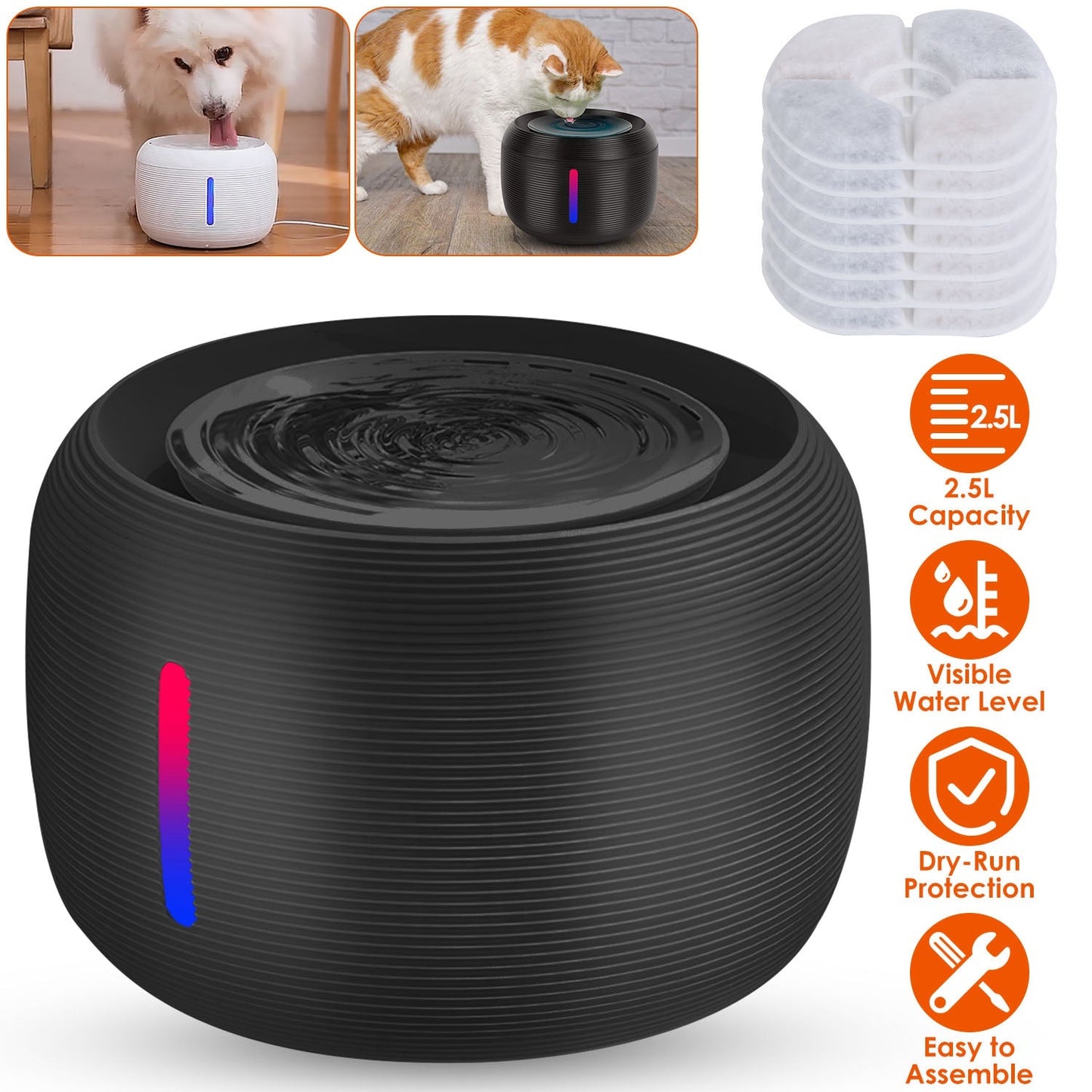 Fontaine à eau intelligente pour animaux de compagnie Gbruno 2,5 L avec lumière LED