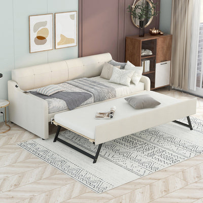 Twin Size Upholstery Daybed with Trundle and USB Charging Design Trundle can be flat or erected Beige - Korvel