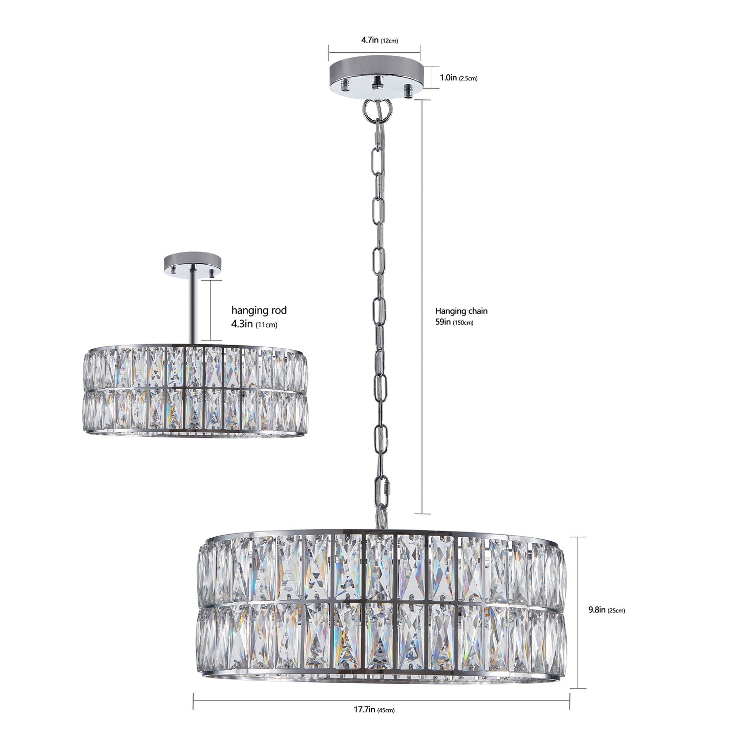 Modern crystal drum pendant light, 6-light pendant light, with silver metal frame (excluding light bulb) - Korvel