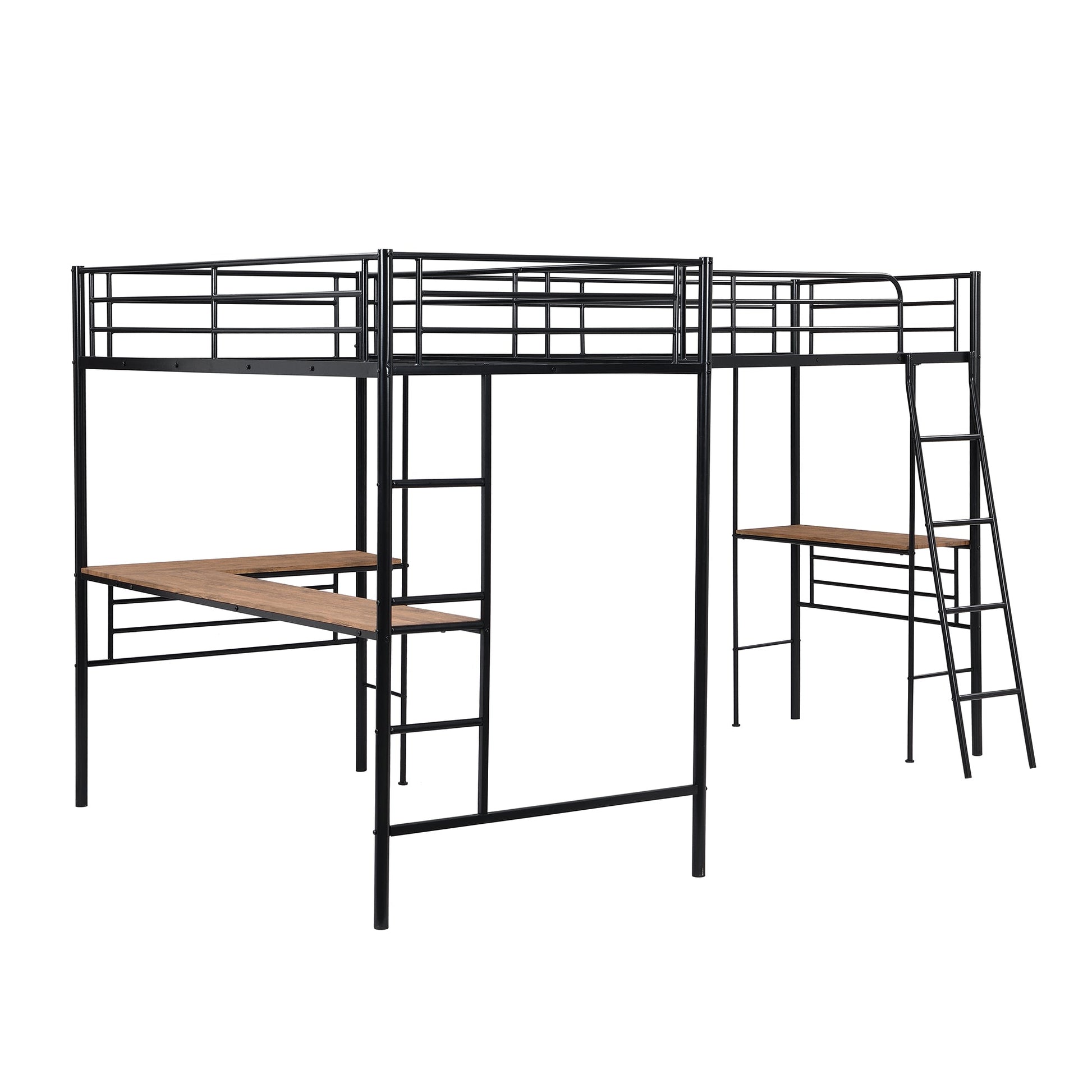 Twin Size Metal Loft Bed with Two Built-in Desks Black - Korvel